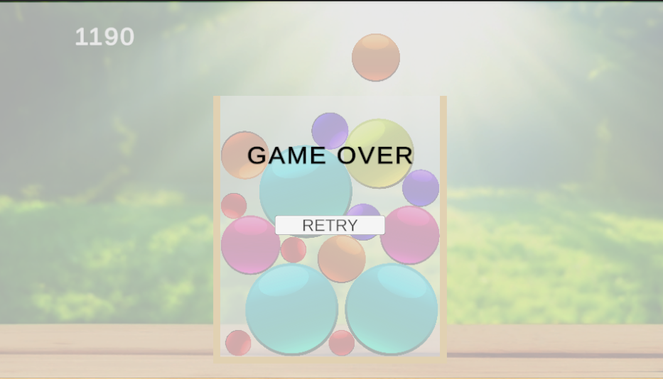 GAME OVERの結果表示とRETRYボタンを表示したMergePuzzleのゲームオーバー画面