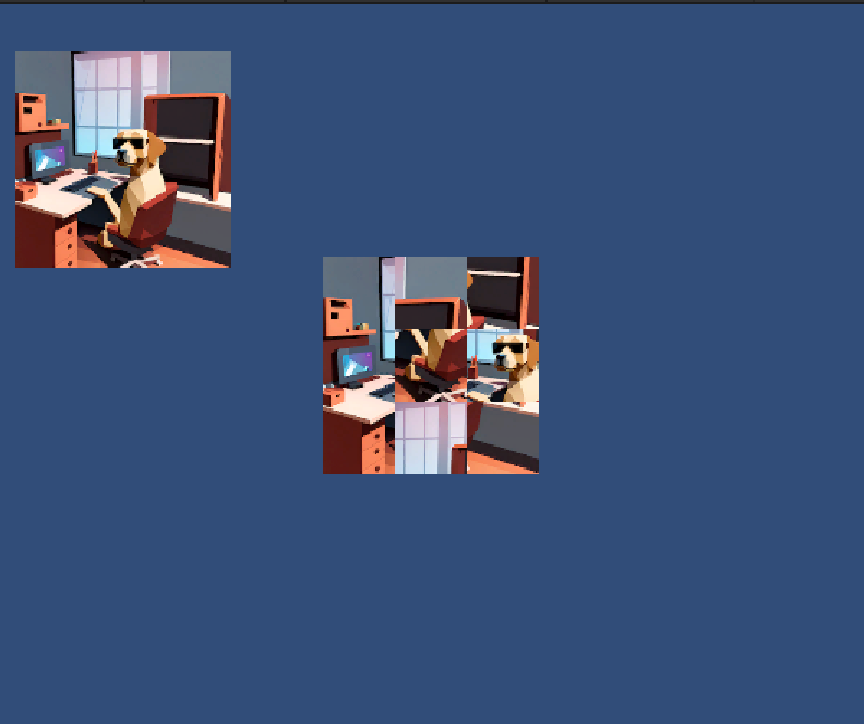 見本画像と配置が崩れた画像ピースを表示したPicturePuzzleのプレイ画面