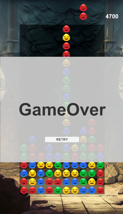GameOverの結果パネルとRETRYボタンを表示したPuyoPuzzleのゲームオーバー画面