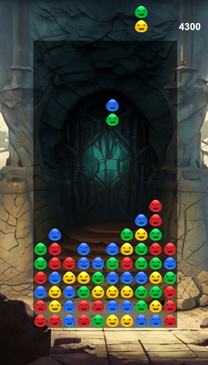 4色のブロック、スコア、次のブロックを表示したPuyoPuzzleのプレイ画面