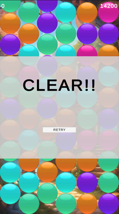 CLEARの結果表示とRETRYボタンを表示したSameGamePuzzleのクリア画面