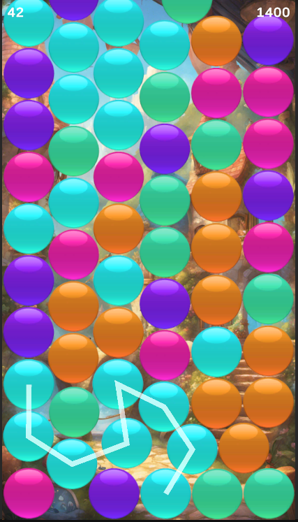 同じ色のバブルを線でつないでいるSameGamePuzzleのプレイ画面