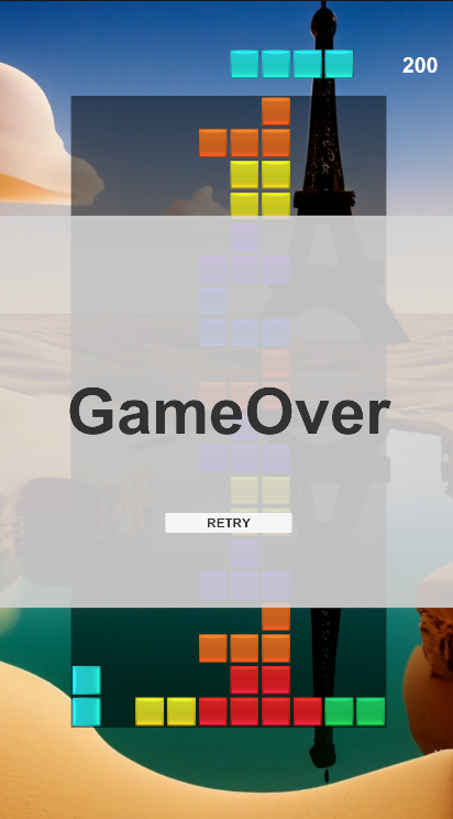 GameOverの結果パネルとRETRYボタンを表示したTetrisPuzzleのゲームオーバー画面